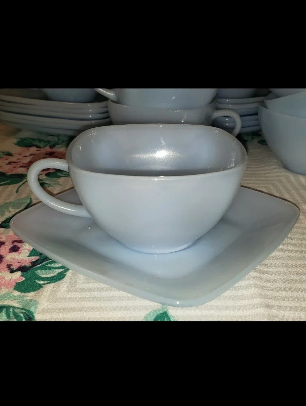 Vintage Mid-Century Azurite Delphite Blue Milk Glass Tea Cup & Saucer Set